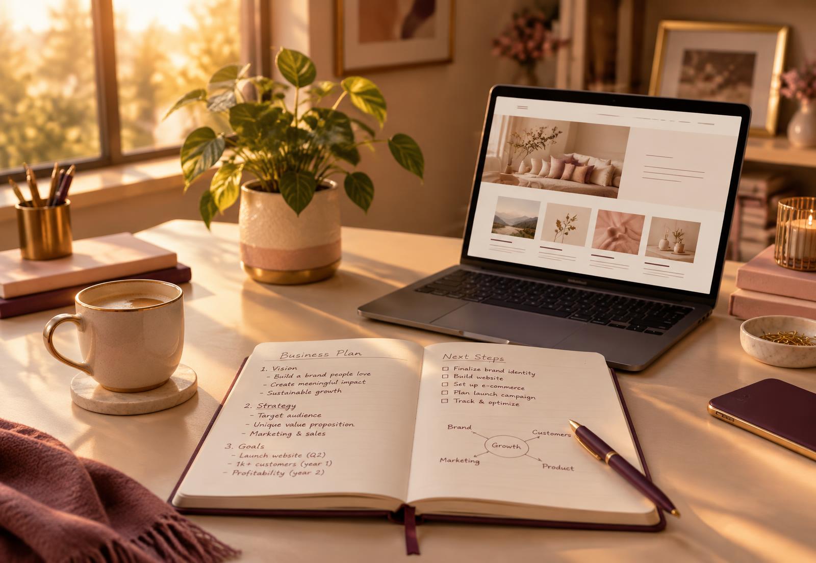 Organized desk with business plan notebook and laptop